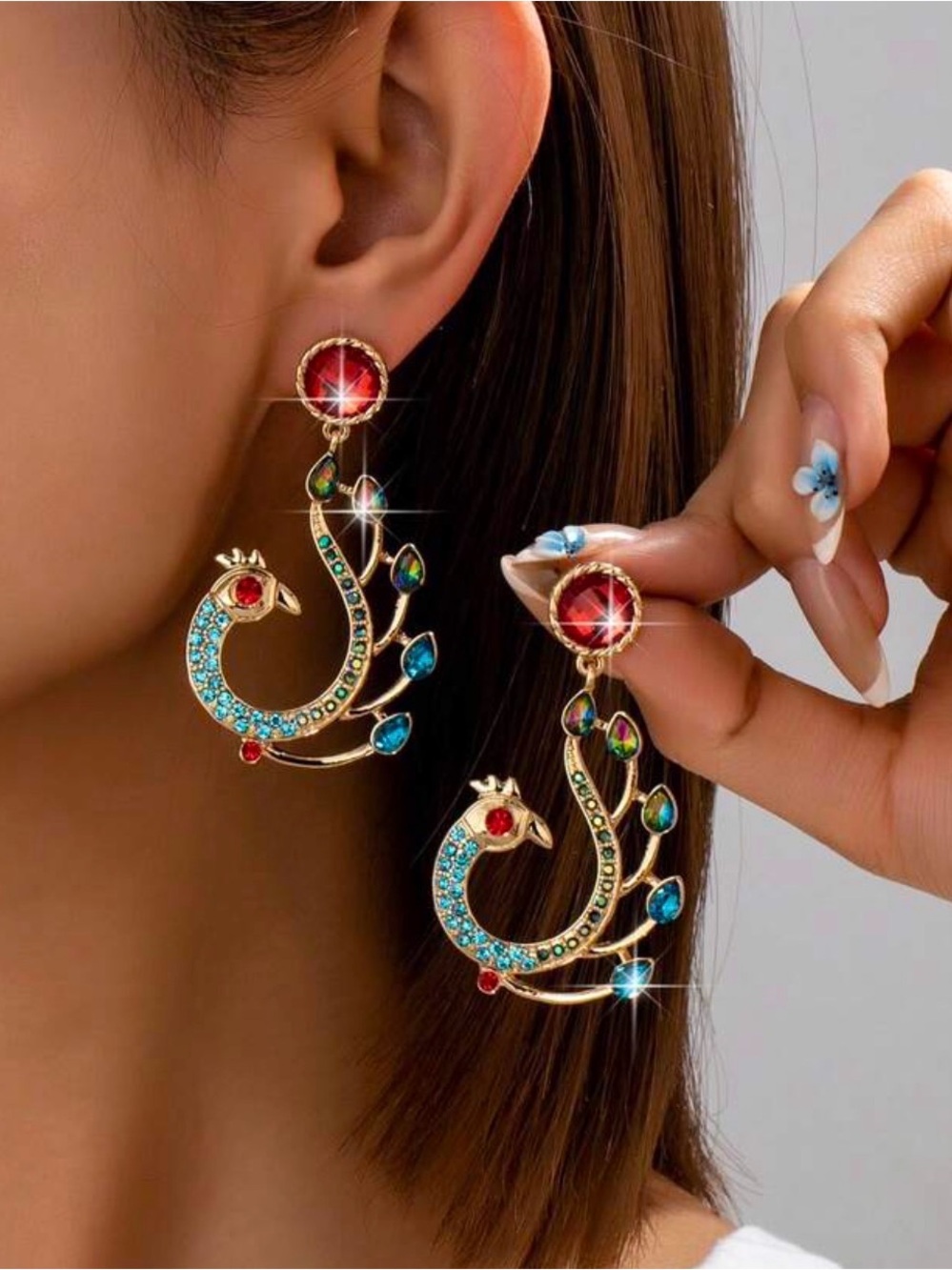 Gold Peacock Drop Earrings with Red and Turquoise Crystals